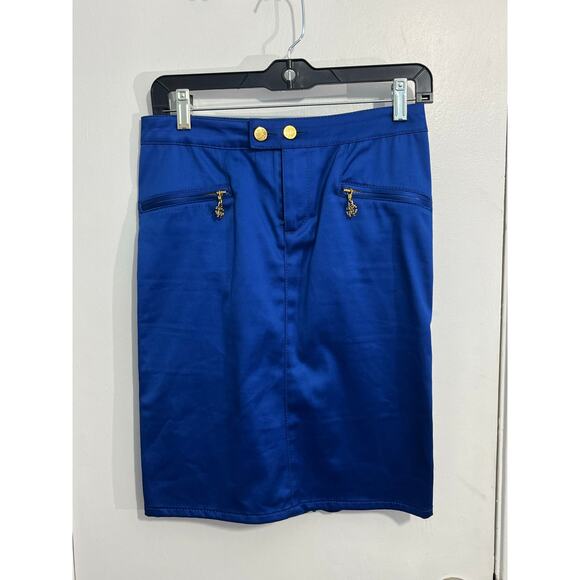Roberto Cavalli Skirt Size 38 US Size 2 Royal Blue Pleated Gold Logo Preppy - Picture 1 of 10